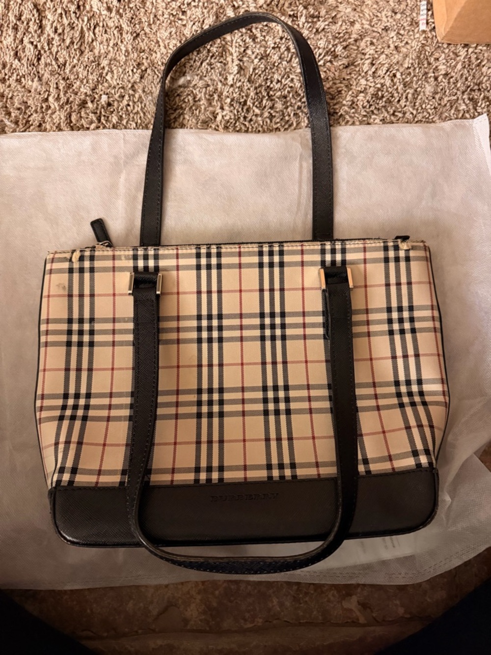 Authentic Burberry Tan Nova Check Shoulder Tote with Black Trim